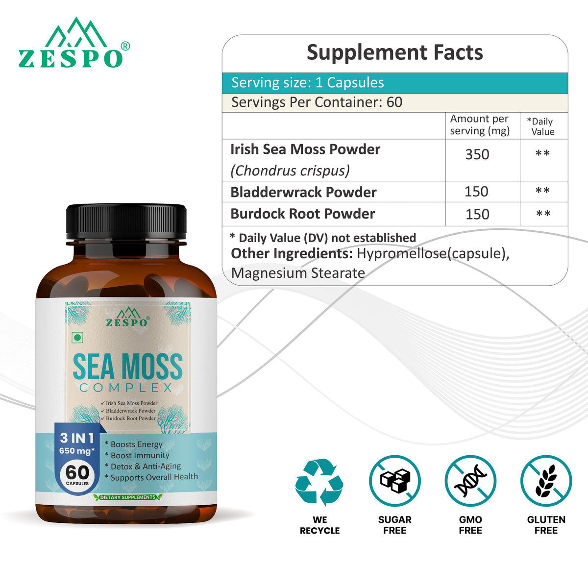 Zespo Sea Moss Complex 3 in 1 – 650 mg Per Capsule with Irish Sea Moss, Bladderwrack & Burdock Root Powder – Supports Energy, Immunity, Natural Detox – 60 Capsules