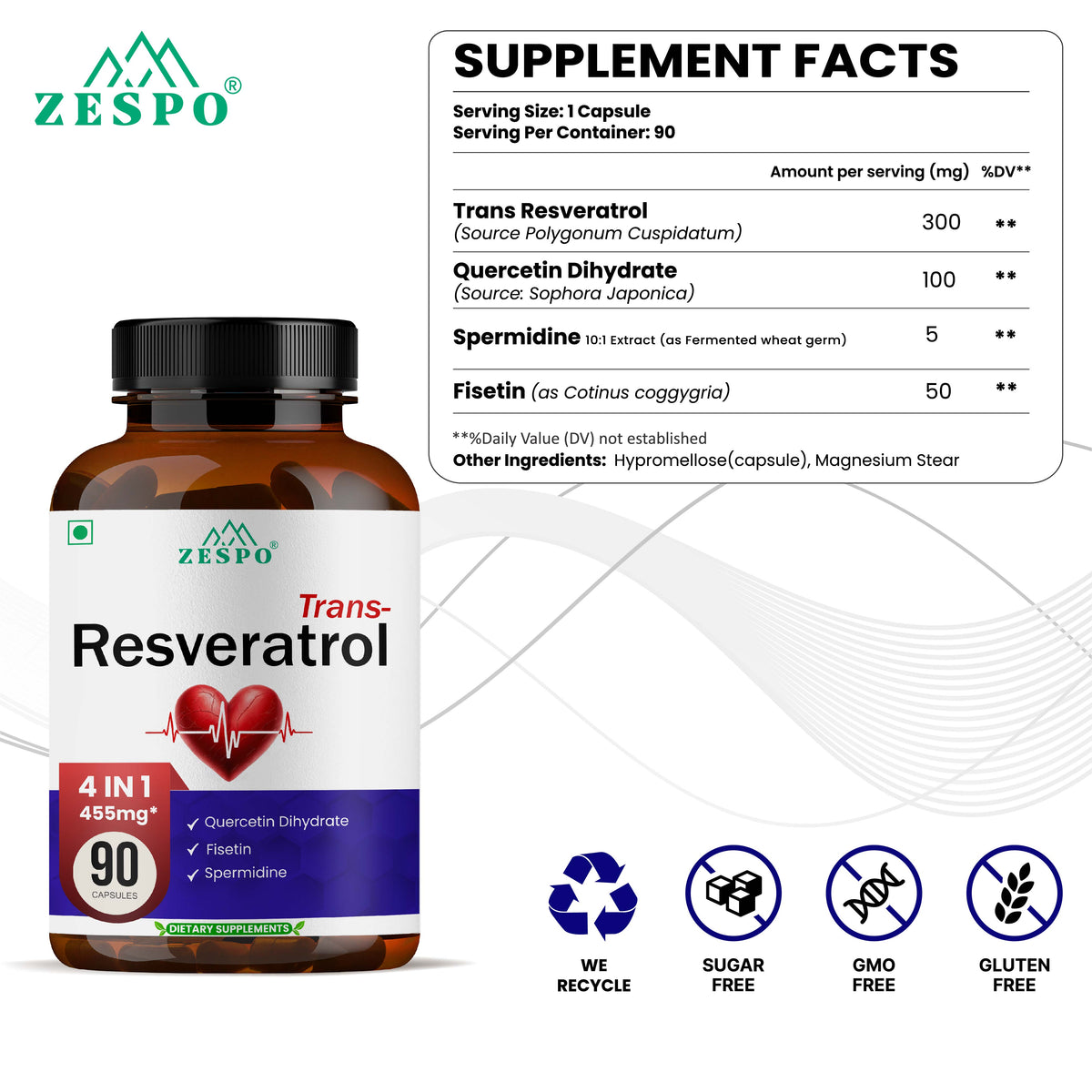 Zespo Trans-Resveratrol 4 in 1 – 455 mg Per Capsule with Quercetin Dihydrate, Fisetin & Spermidine – Supports Healthy Aging & Cellular Wellness – 90 Capsules