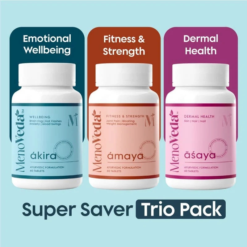 Menoveda Menopause Supplement For Women - Trio Pack For Emotional Well Being, Fitness, Strength and Dermal Health