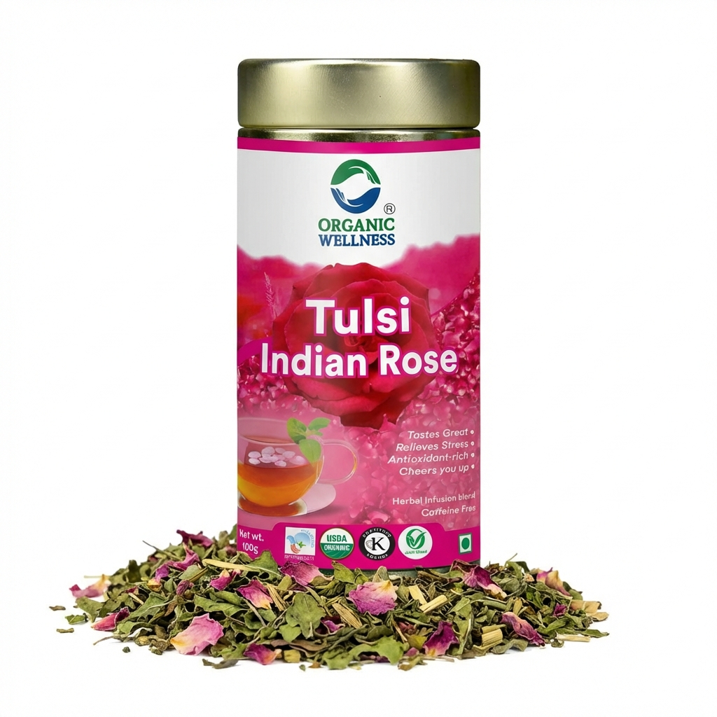 Organic Wellness Tulsi Indian Rose Tea Tin Pack (100 Gm) | Made With Tulsi & Fragrant Indian Rose | Rich In Antioxidants | Stress Reliever | Immunity Booster | Good For Skin