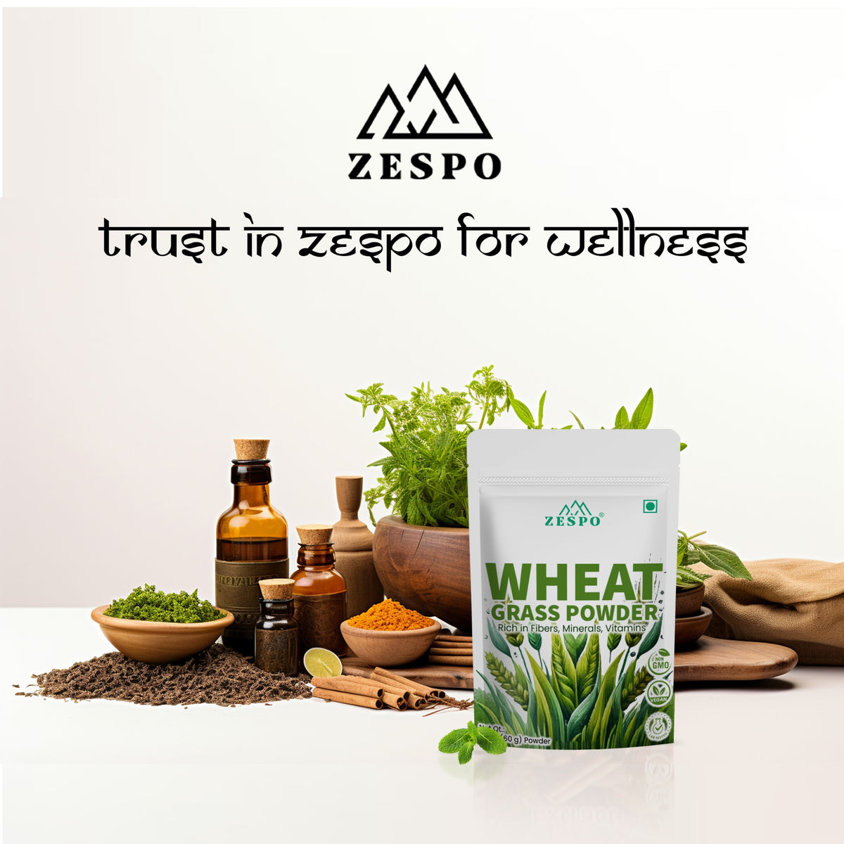 Zespo Wheatgrass Powder 60 g | 100% Pure Wheatgrass (Triticum aestivum) | Green Superfood for Digestion & Daily Nutrition | 40 Servings | Vegan