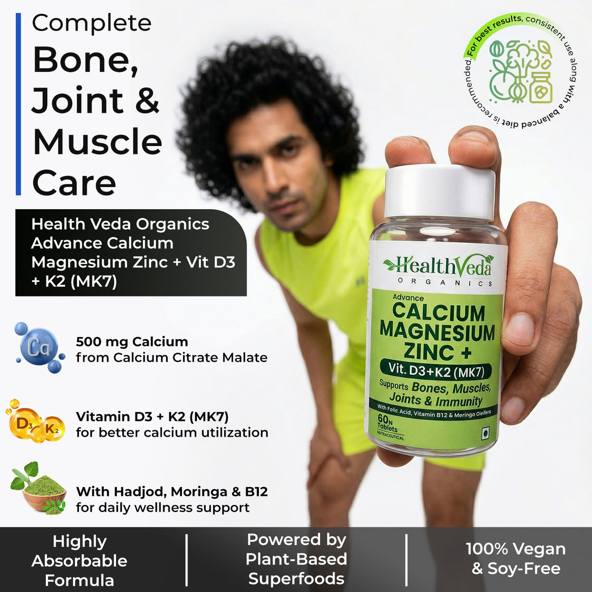 Health Veda Organics Calcium Magnesium Zinc with D3 & B12 Tablets - (60 Tablets)