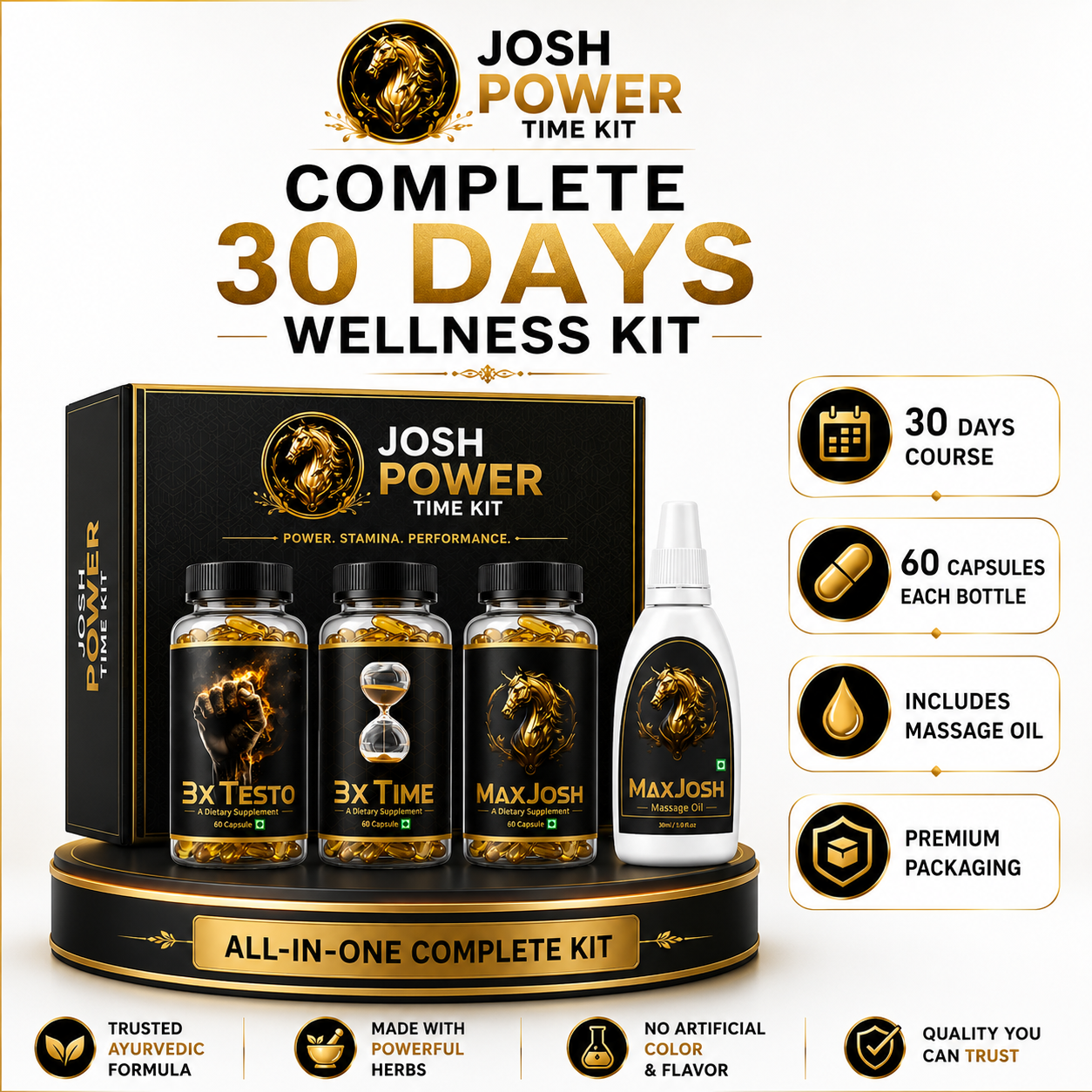 Josh Power Time Kit for Men | 30 Days Wellness Kit | Herbal Wellness Support Formula | Premium Daily Care Kit