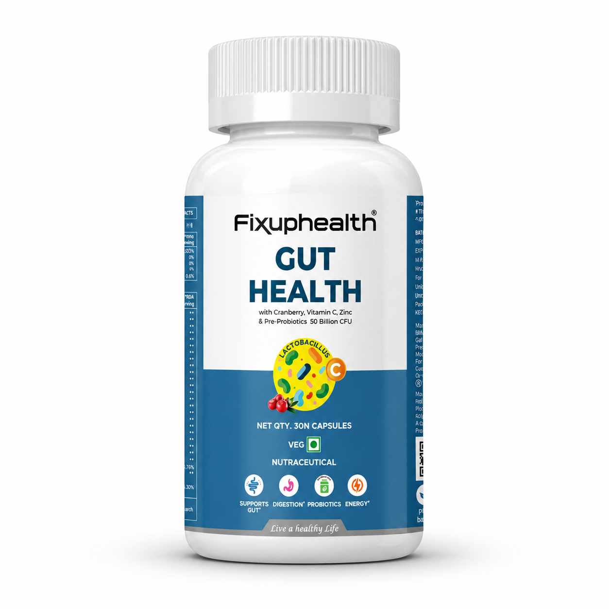 Fixuphealth Probiotics Supplement for Gut Health 50 Billion CFU | Probiotic Capsules with Prebiotics, Cranberry, Vitamin C & Zinc | Digestive Health & Immunity Support | Plant Based | 30 Capsules