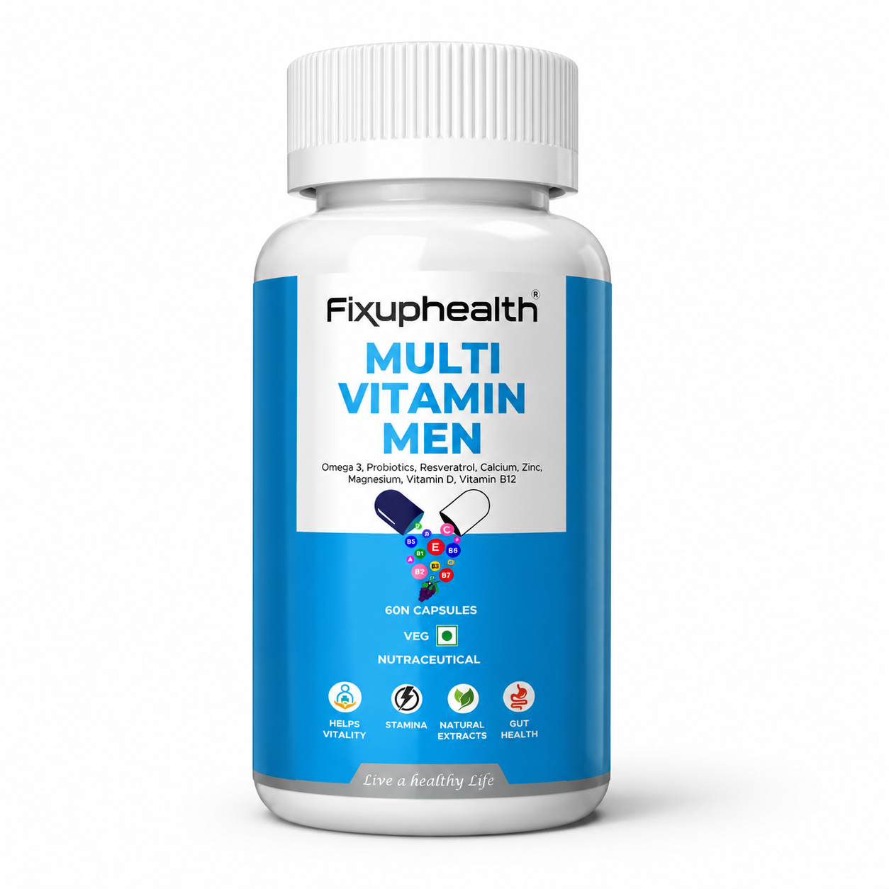 Fixuphealth Multivitamin Capsules for Men | Multivitamin with Probiotics, Omega 3, Vitamins B12, C, D, Zinc, Calcium & Magnesium | Immunity, Energy & Daily Wellness Support | 60 Capsules