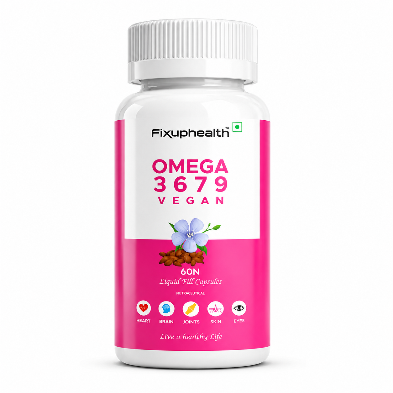 Fixuphealth Omega 3 6 7 9 Vegetarian Capsules with Flaxseed Oil & Sea Buckthorn Capsule | Vegan Plant Based Omega Supplement for Hair, Skin, Brain, Muscle, Bone & Joint Health | 60 Veg Capsules