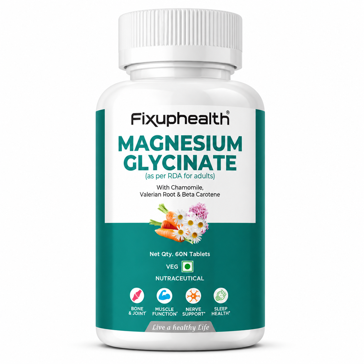 Fixuphealth Magnesium Glycinate Supplement 60 Tablets | High Absorption Magnesium Bisglycinate 370mg Elemental | Supports Sleep, Muscle Cramps, Nerve Health, Bone & Joint Support