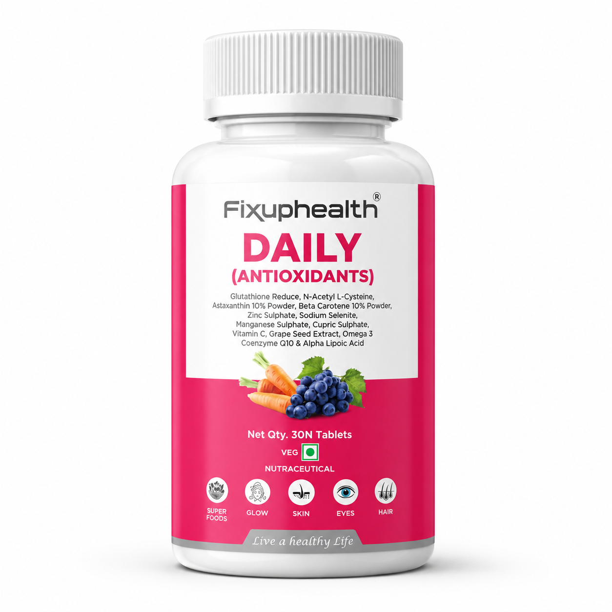 Fixuphealth Daily Antioxidants Coenzyme Q10 & Glutathione Supplement | NAC, Astaxanthin, Alpha Lipoic Acid, Grape Extract, Zinc & Selenium | Skin Brightening, Hair, Eye & Immunity Support | 30 Tablet