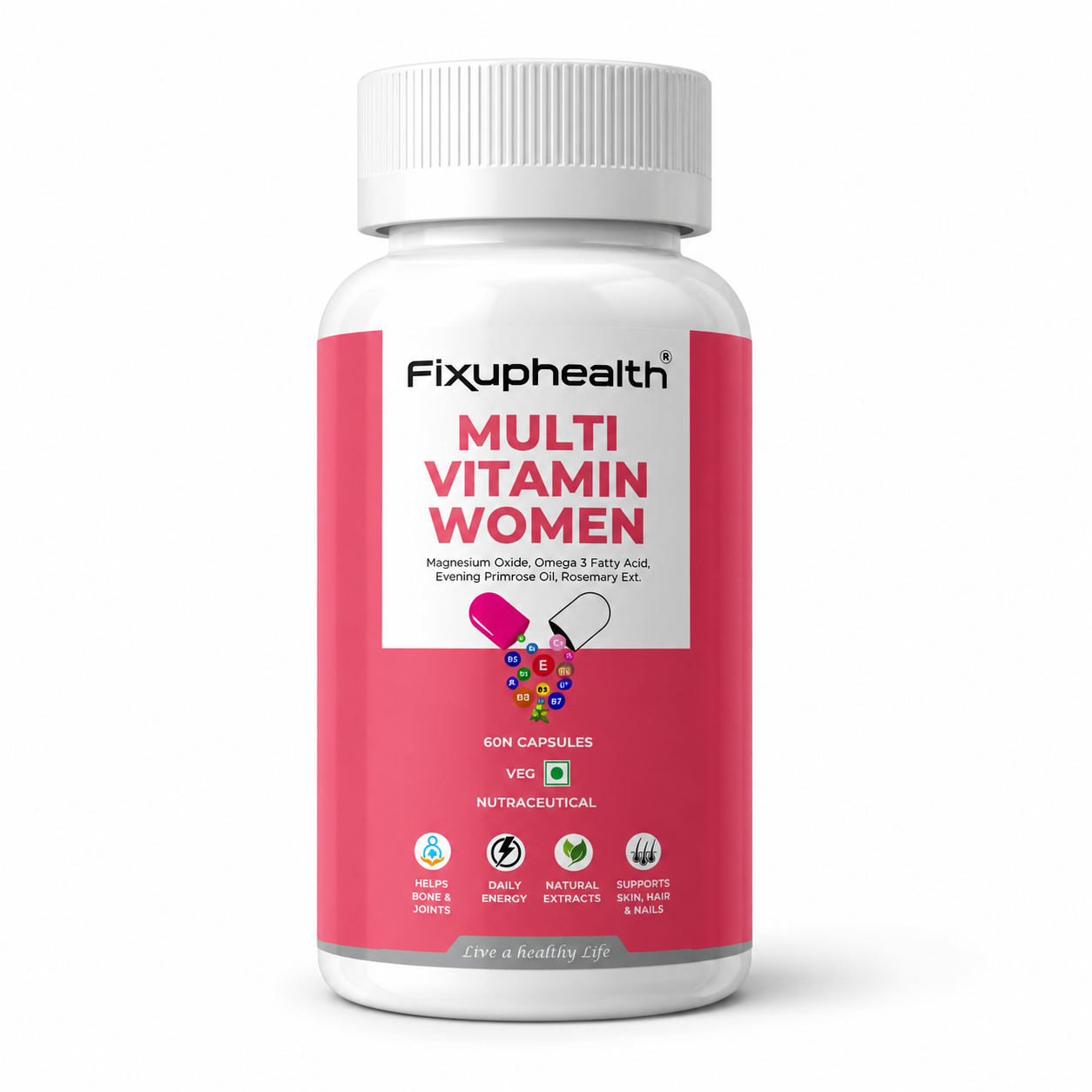 Fixuphealth Multivitamin Capsules for Women | Multivitamin with Probiotics, Omega 3, Evening Primrose Oil, Vitamins C, D & B12, Magnesium & Zinc | Immunity, Energy & Daily Wellness Support | 60 Capsules