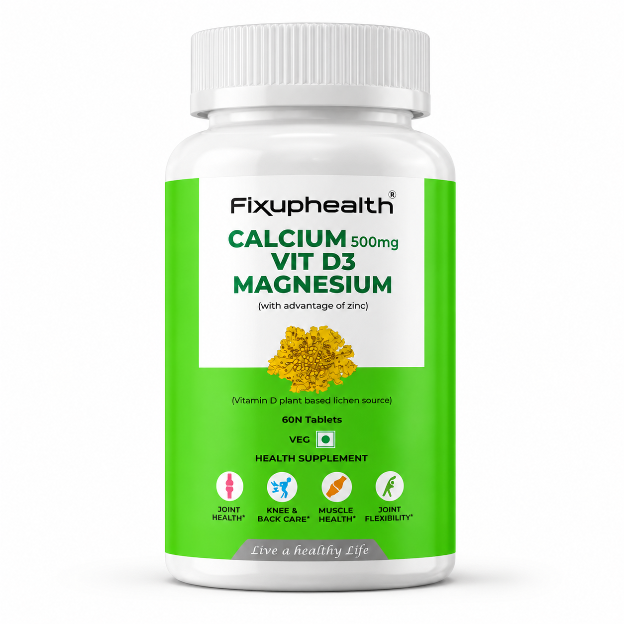 Fixup Health Calcium Magnesium Zinc with Vitamin D3 Tablets | Calcium Citrate Malate | Plant-Based Lichen Source D3 | Bone & Muscle Health Support for Men & Women | 60 Tablets