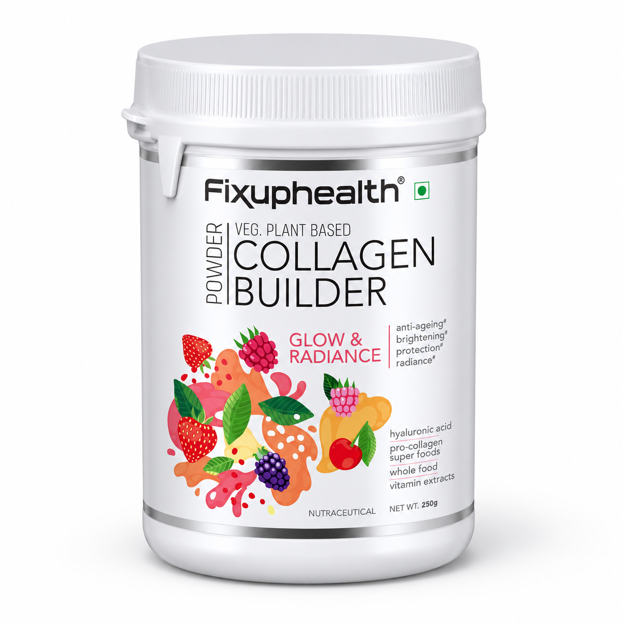 Fixup Health Veg Collagen Builder Powder with Hyaluronic Acid, Glutathione & Vitamin Extracts | Collagen Peptides Supplement for Women & Men | Superfood for Beauty & Skin Health | Strawberry - 250g