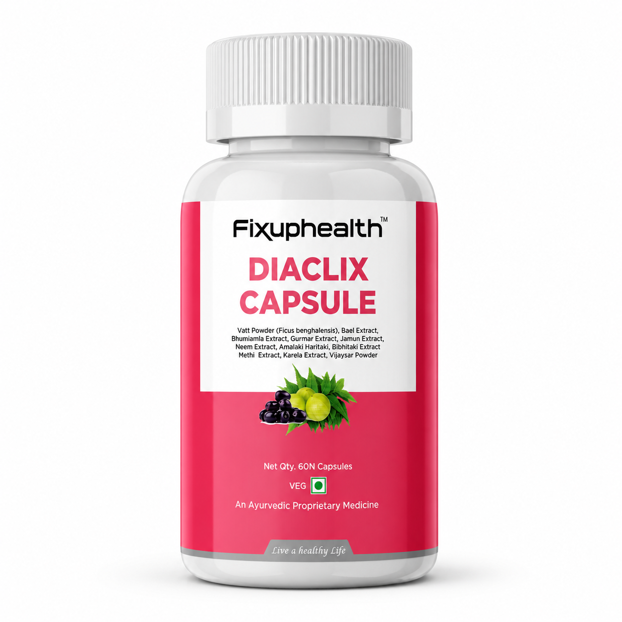 Fixuphealth Diaclix Diabetes Care Capsules | Gudmar, Jamun, Karela, Neem, Vijaysar & Guduchi Extracts | Helps Manage Blood Sugar Levels, Glucose, Metabolic Wellness & Daily Vitality | 60 Capsules