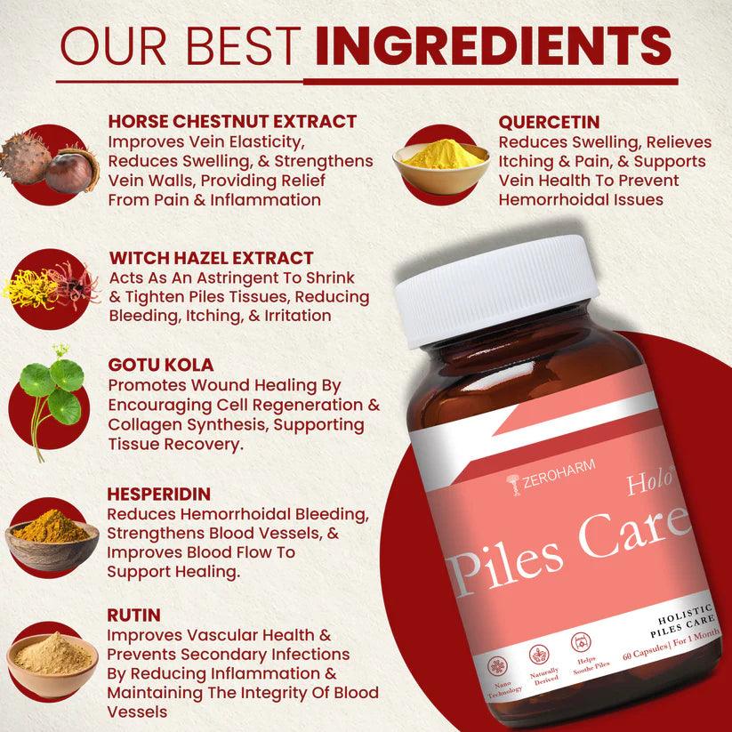 ZEROHARM Holo Piles Care - Natural Relief from Hemorrhoids - Helps Reducing Swelling - Nano Formulated 60 Capsules