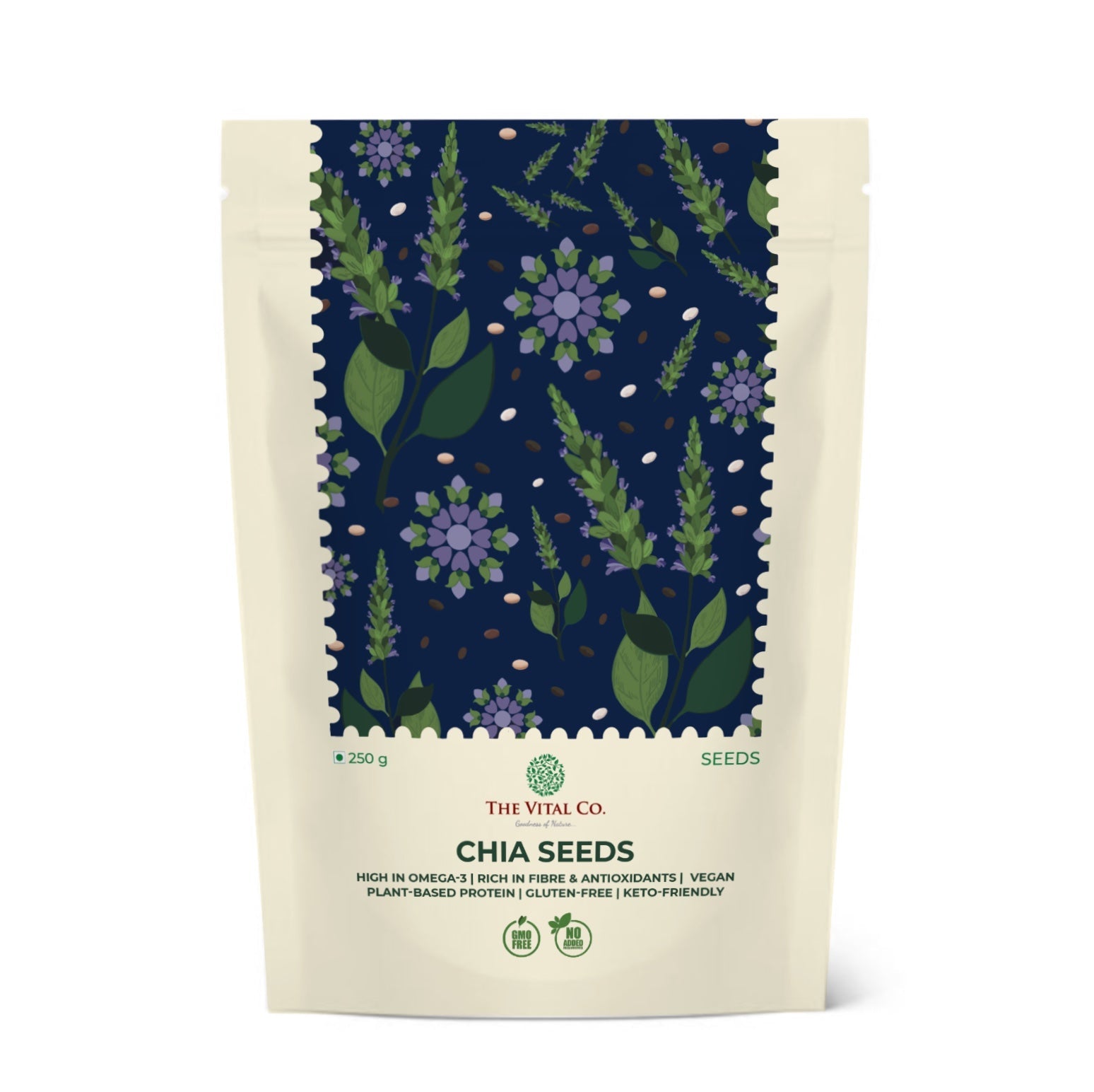 The Vital Co Chia Seeds - 250g | High Omega 3 Fibre Rich Superfood for Digestion Heart Health Energy Endurance Weight Management Blood Sugar Balance Vegan Plant Based Nutrition