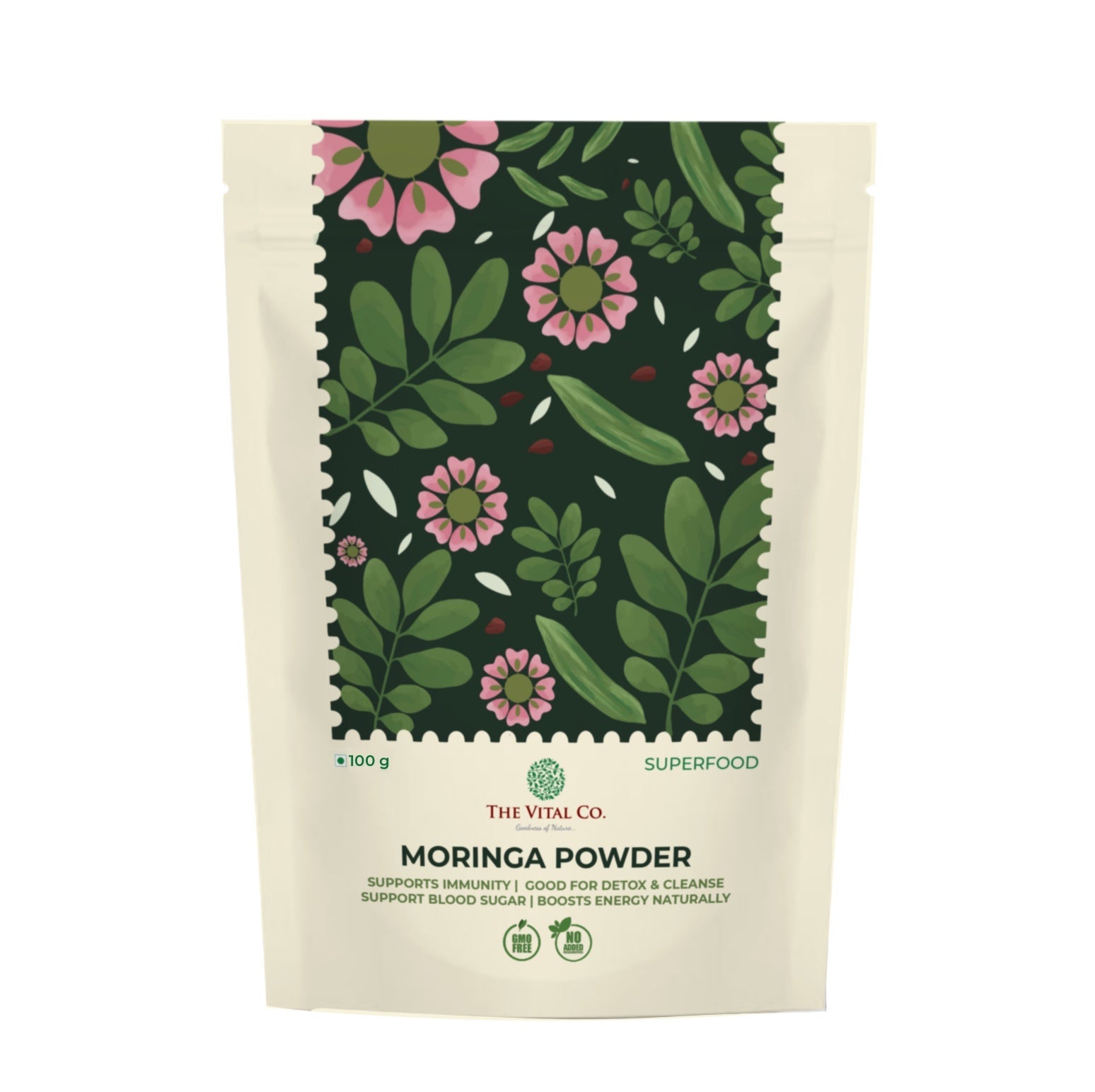 The Vital Co Moringa Powder - 100g | Natural Superfood for Immunity Detox Digestion Energy Blood Sugar Balance Skin Hair Health Antioxidant Rich Herbal Nutrition Supplement