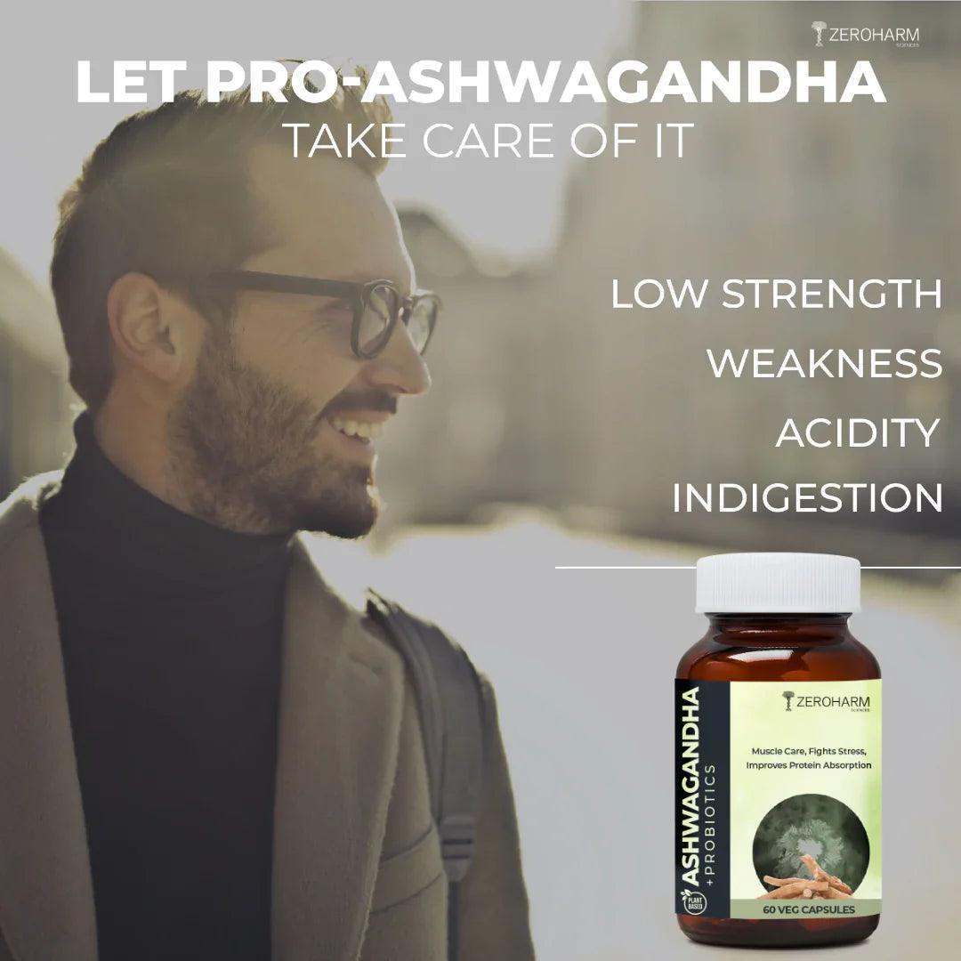 ZEROHARM Ashwagandha + Probiotics for Stress, Anxiety Relief, Nutrient Absorption and Digestive Health for Men & Women - 60 Capsules