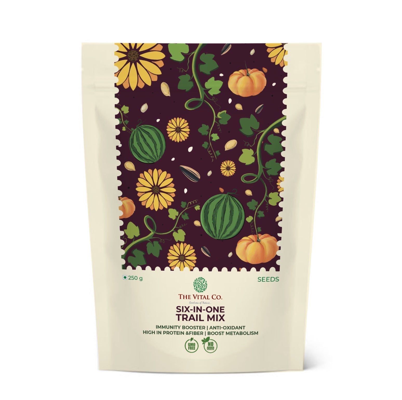 TheVital Co. Six-In-One Trail Mix Seeds 250g |Seed Mix with Flax, Pumpkin, Sunflower & Watermelon Seeds | High Protein & Fibre Superfood Snack | Plant Based Healthy Seeds for Daily Nutrition