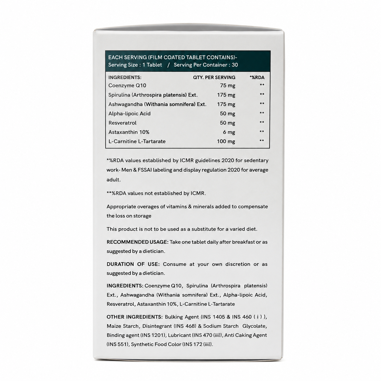 Herbs O' Shrubs Life-100 | Daily Energy, Vitality & Antioxidant Support Tablets | CoQ10, Ashwagandha, Spirulina, Resveratrol & L-Carnitine | Slow Down Aging | Boosts the Immunity, 30 Tablets