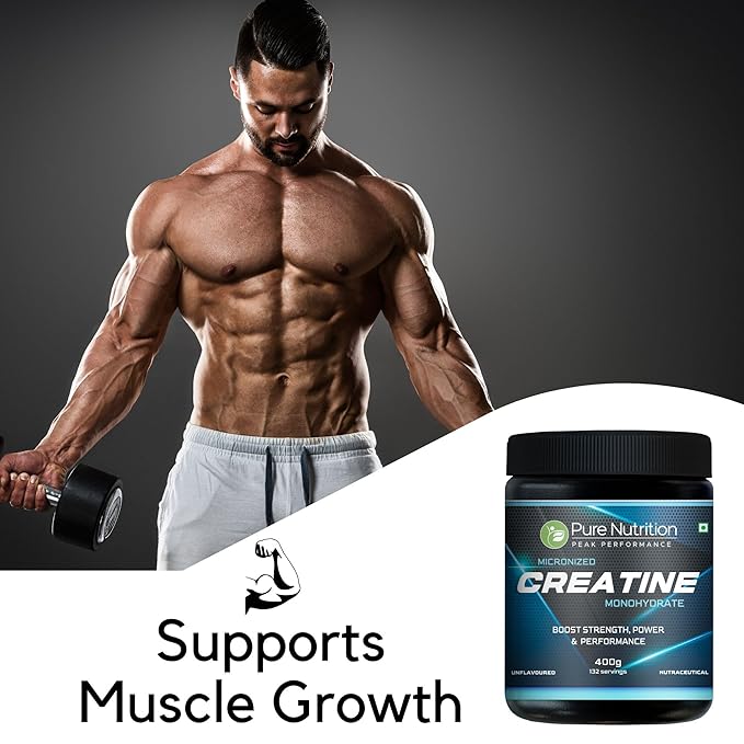 Pure Nutrition Micronised Creatine Monohydrate Powder, Pre/Post Workout Supplement, Instant Energy for Athletic Performance, Fast Recovery, Increased Muscle Mass, Unflavoured - 400gm