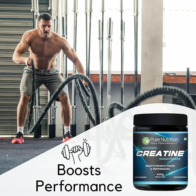 Pure Nutrition Micronised Creatine Monohydrate Powder, Pre/Post Workout Supplement, Instant Energy for Athletic Performance, Fast Recovery, Increased Muscle Mass, Unflavoured - 400gm