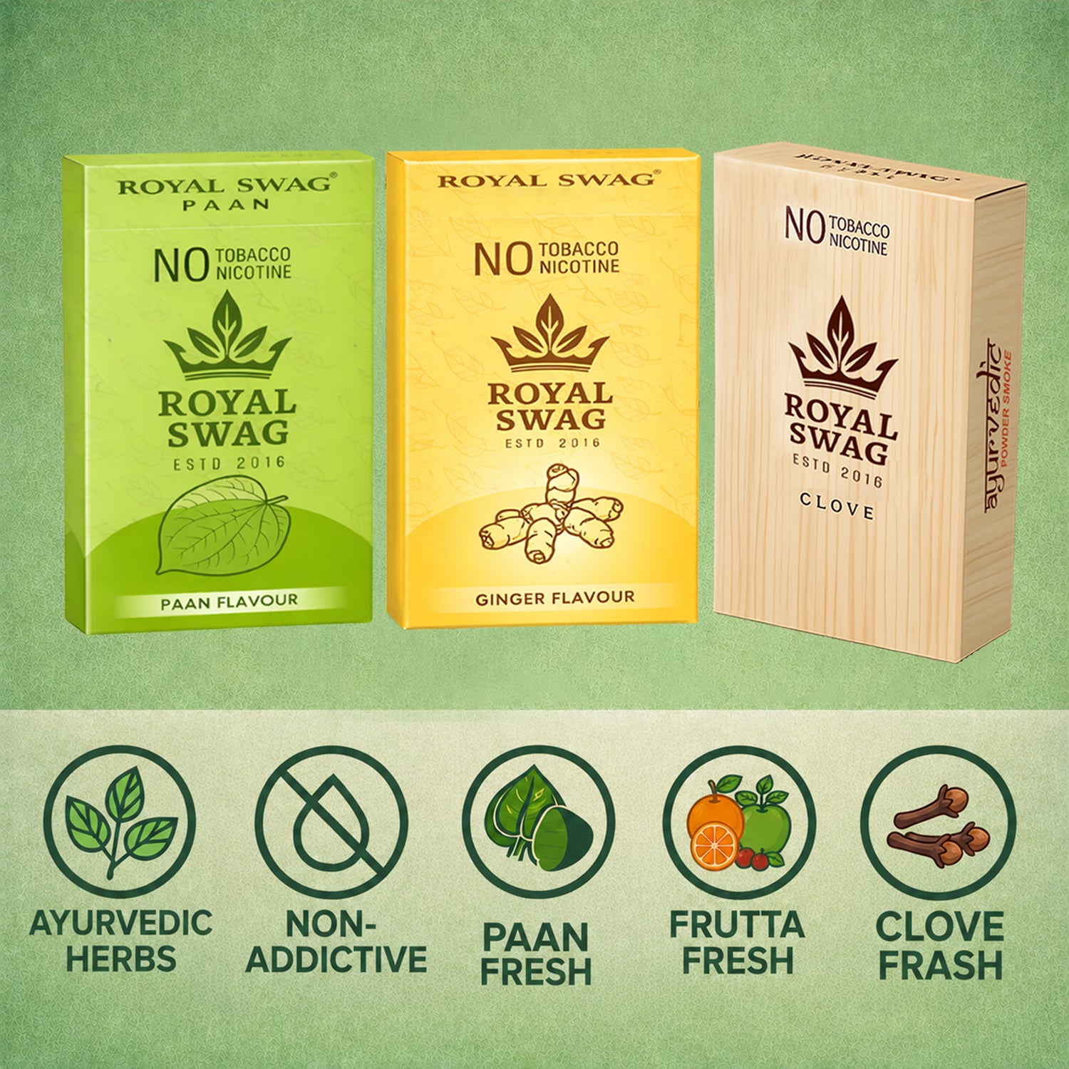 Royal Swag Herbal Cigarettes Variety Pack (Ginger, Clove, Paan) - (30 Sticks - 3 Pack)