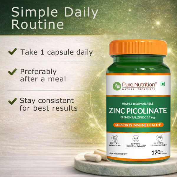 Pure Nutrition Zinc Picolinate | Zinc Supplements for Men & Women | Highly Bioavailable Elemental Zinc 13.2mg | Supports Immune Health, Skin, Hormonal Balance & Metabolism | Daily Zinc Supplement 120 Veg Capsules