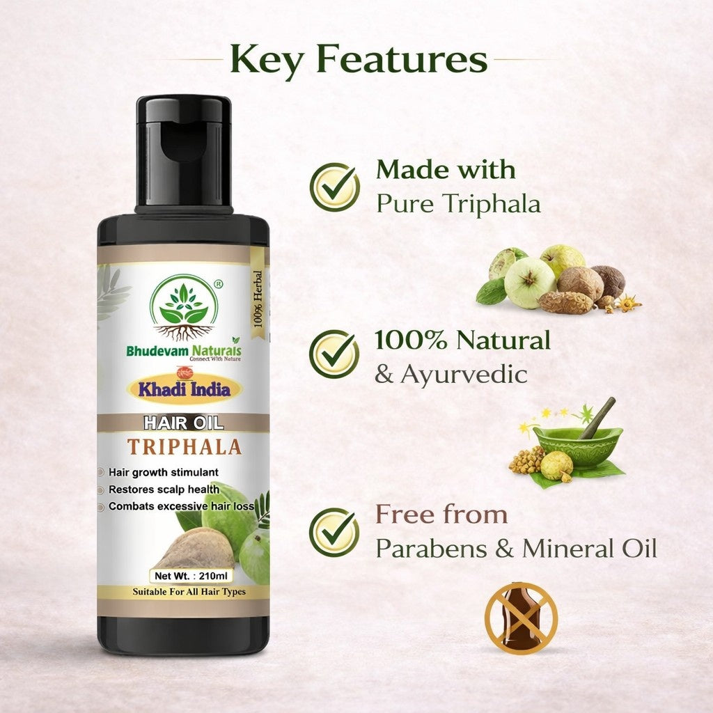 Bhudevam Naturals Khadi Triphla Hair Oil – Improves Hair Strength, Shine & Texture-210ML