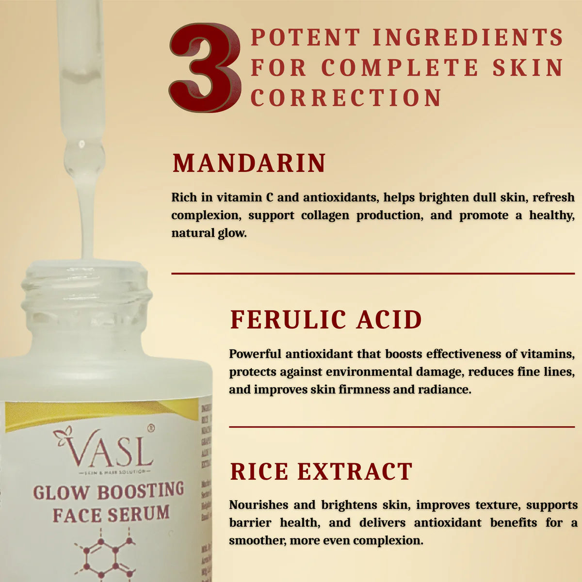 VASL Glow Boosting Face Serum - Brightening Mandarin & Ferulic Acid, 30ml
