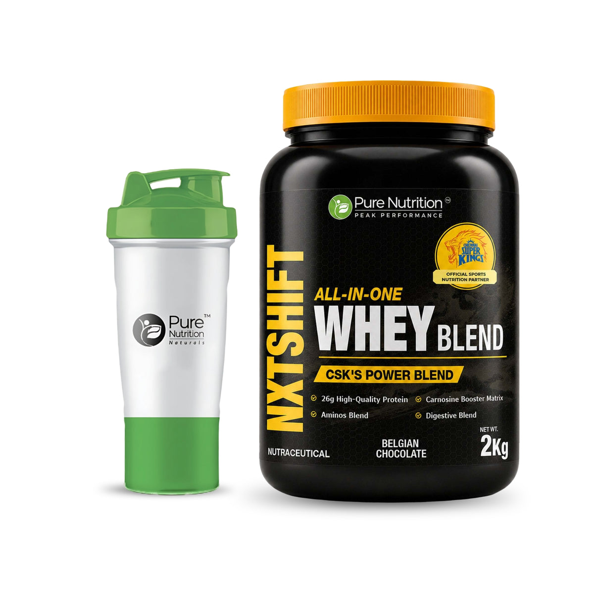 CSK Limited Edition Pure Nutrition NXT SHIFT All-In-One Whey Blend Powder - Belgian Chocolate, 2Kg Jar with a  Free shaker