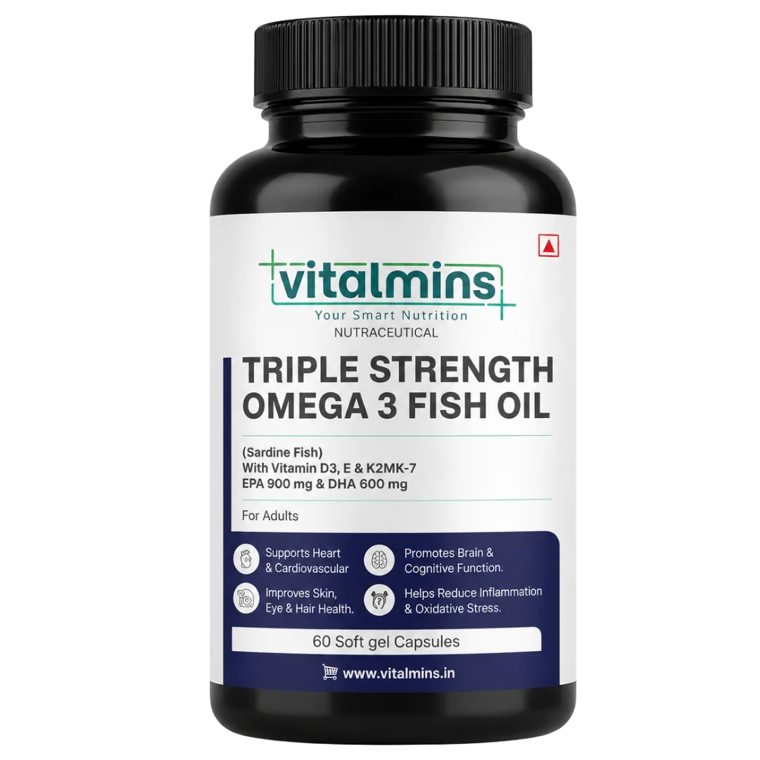 Vitalmins Triple Strength Omega 3 Fish Oil Softgels | Ultra-Pure High-Yield EPA & DHA for Heart, Joint, Brain & Eye Support – 60 Softgels