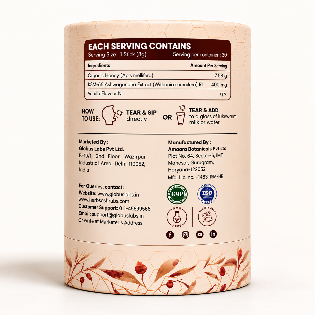 Herbs O’ Shrubs Ashwagandha KSM-66 Kicks | Root Extract with Organic Honey & Vanilla | Vitality Support | Convenient On-the-Go Energy & Focus Support, 30 Sticks