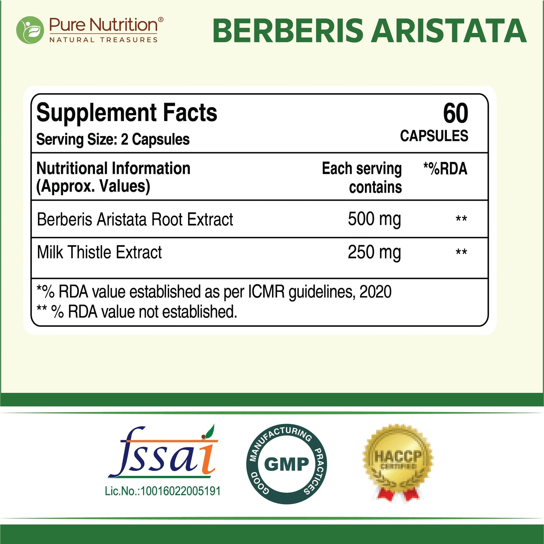 Pure Nutrition Berberis Aristata with Berberine 95% + Milk Thistle (120 Capsules)