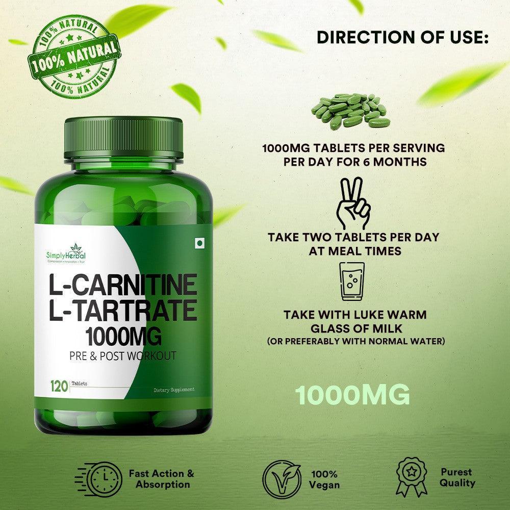 Simply Herbal L-Carnitine Pre & Post Workout Supplement Tablets 1000mg - 120 Tablets
