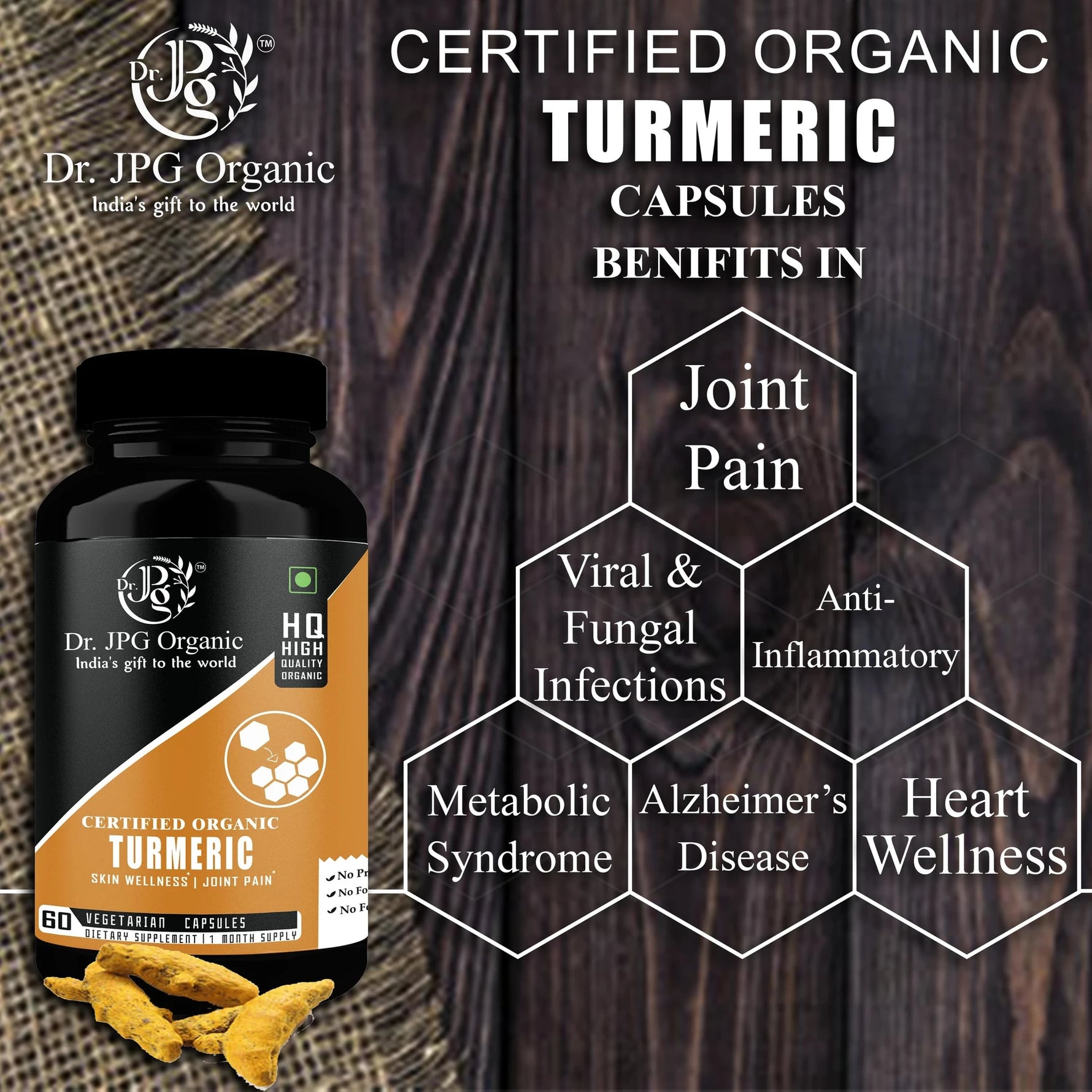 DR. JPG Organic Turmeric Capsules (500mg, 60 Veg Capsules) | For Skin Wellness & Joint Health | 100% Certified Organic