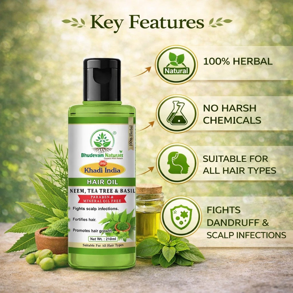 Bhudevam Naturals Khadi Neem Tea Tree & Basil Hair Oil for Dandruff Control & Hair Fall- 210ML