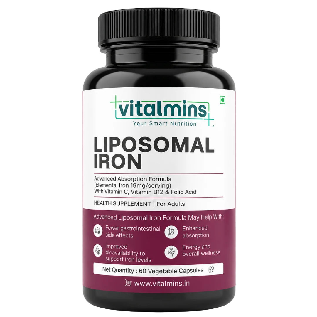 Vitalmins Liposomal Iron Capsules | Gentle, Non-Constipating Formula to Boost Energy, Hemoglobin & Healthy Iron Levels – 60 Veg Capsules