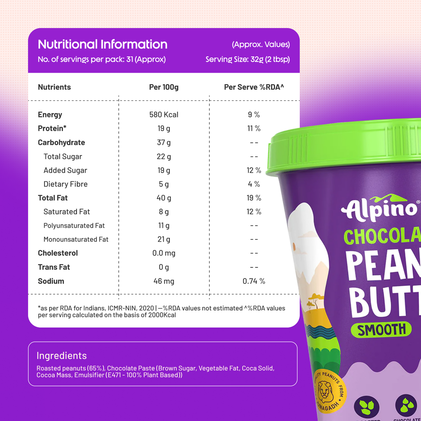 Alpino Chocolate Peanut Butter Smooth, 1 kg