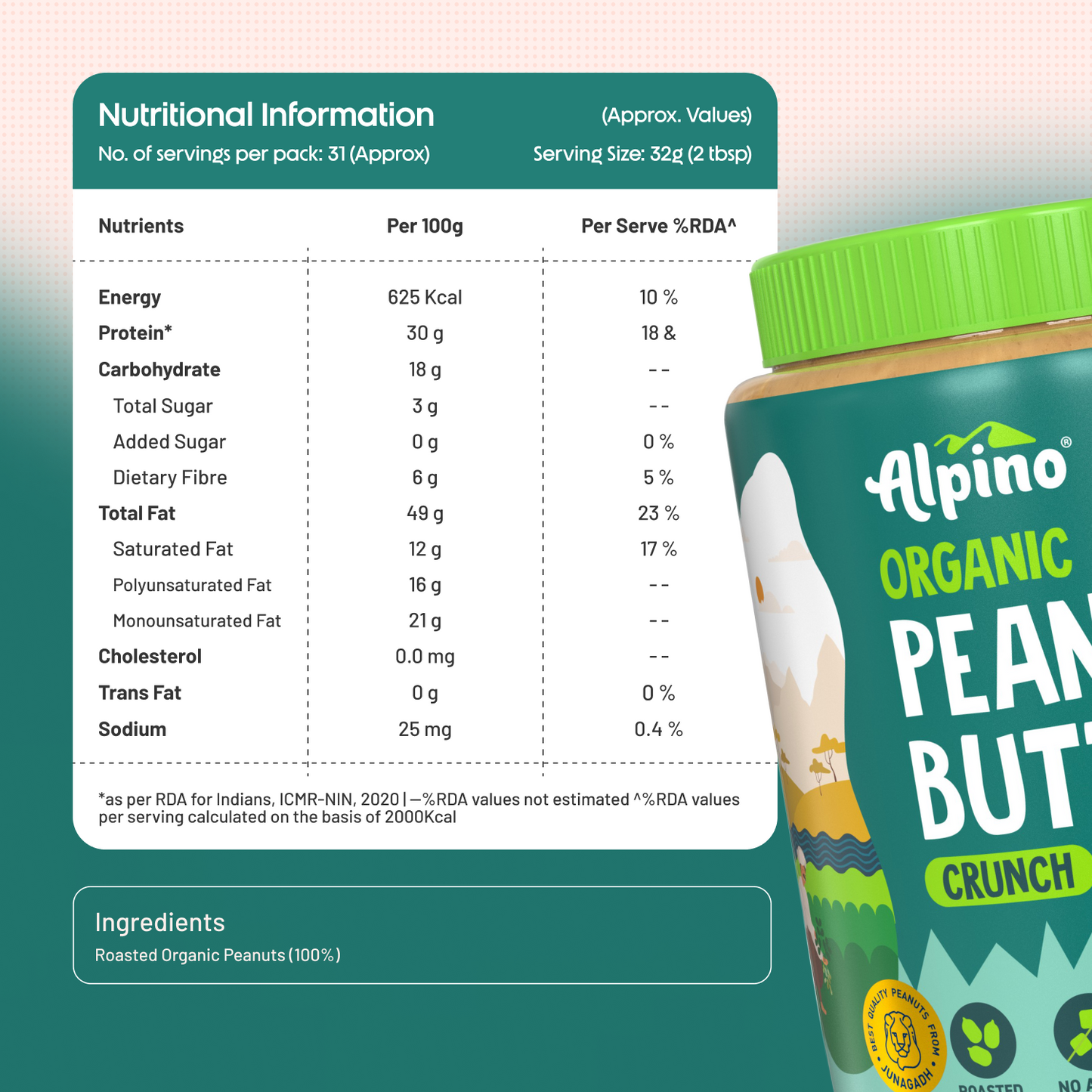 Alpino Organic Crunch Peanut Butter, 1 kg