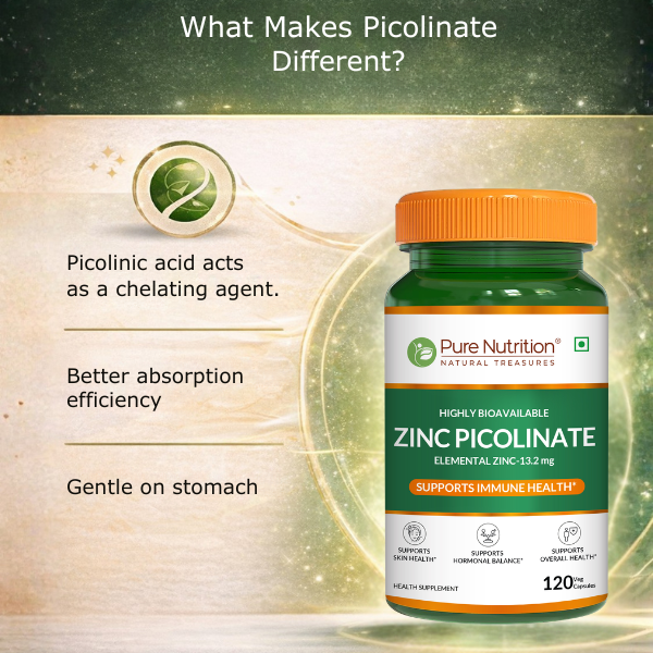 Pure Nutrition Zinc Picolinate | Zinc Supplements for Men & Women | Highly Bioavailable Elemental Zinc 13.2mg | Supports Immune Health, Skin, Hormonal Balance & Metabolism | Daily Zinc Supplement 120 Veg Capsules
