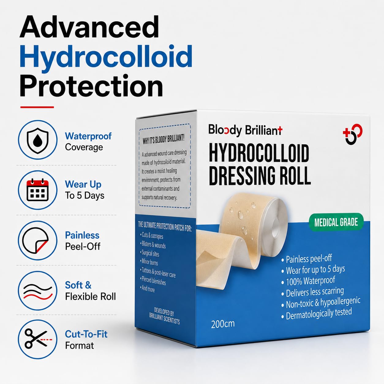 Bloody Brilliant Hydrocolloid Dressing Roll For Wound And Acne Care, 200c