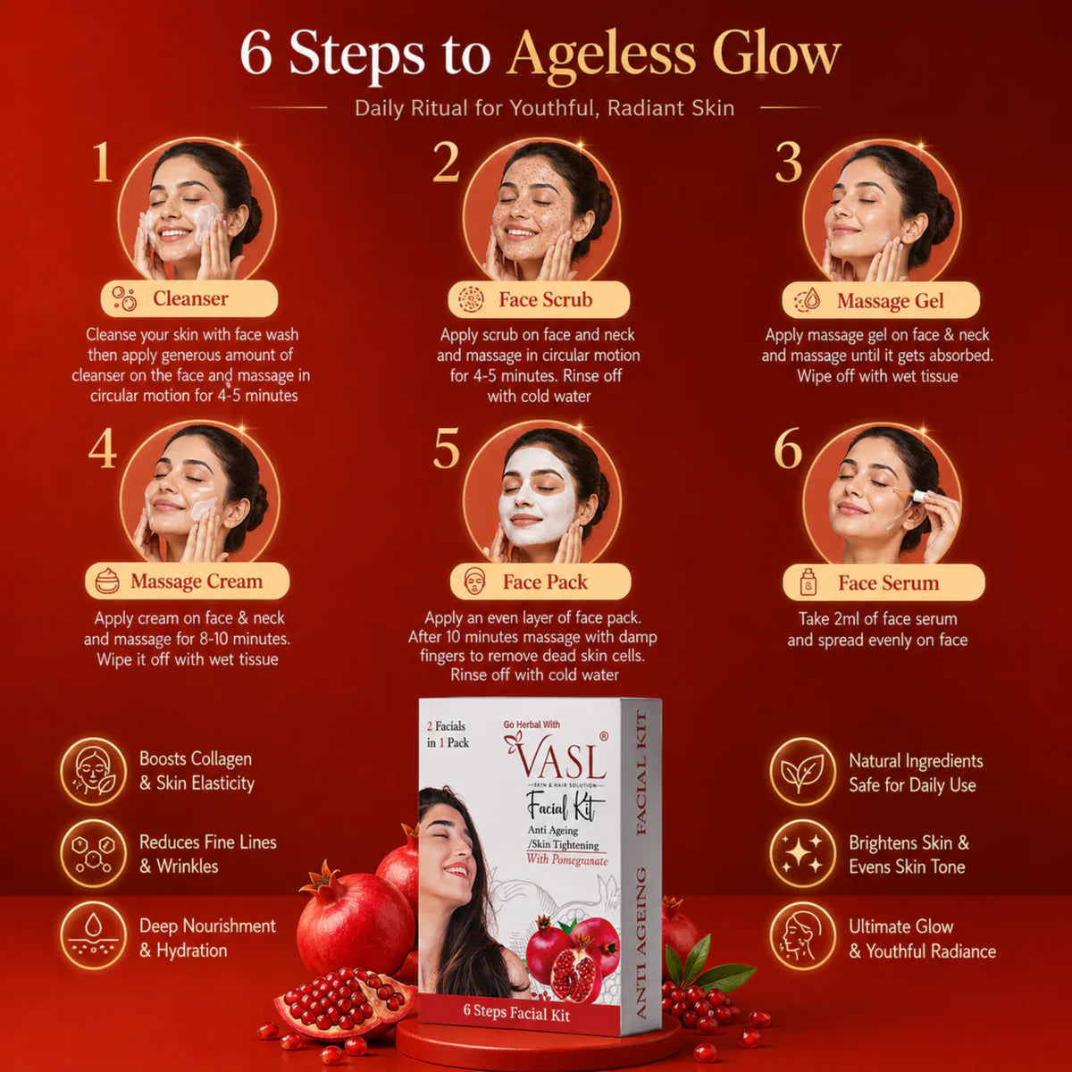 VASL Pomegranate Facial Kit - Skin Brightening & Antioxidant Glow Treatment