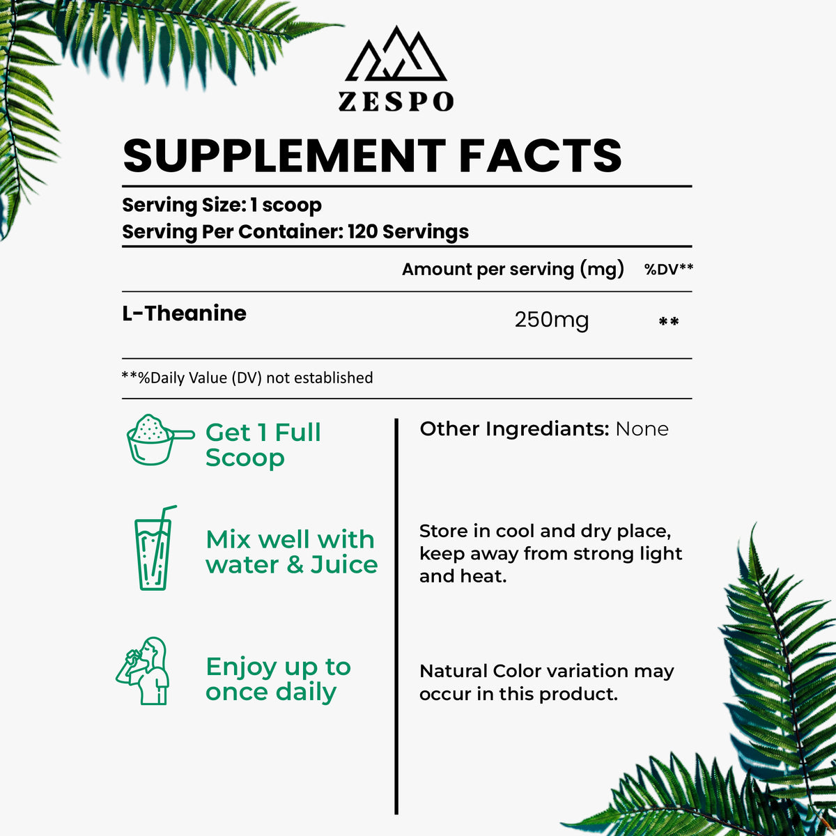 Zespo Pure L-Theanine Powder 250 mg Per Scoop – Calm Focus, Stress Relief, Relaxation & Sleep Support – Vegan Green Tea Amino Acid – 60 g