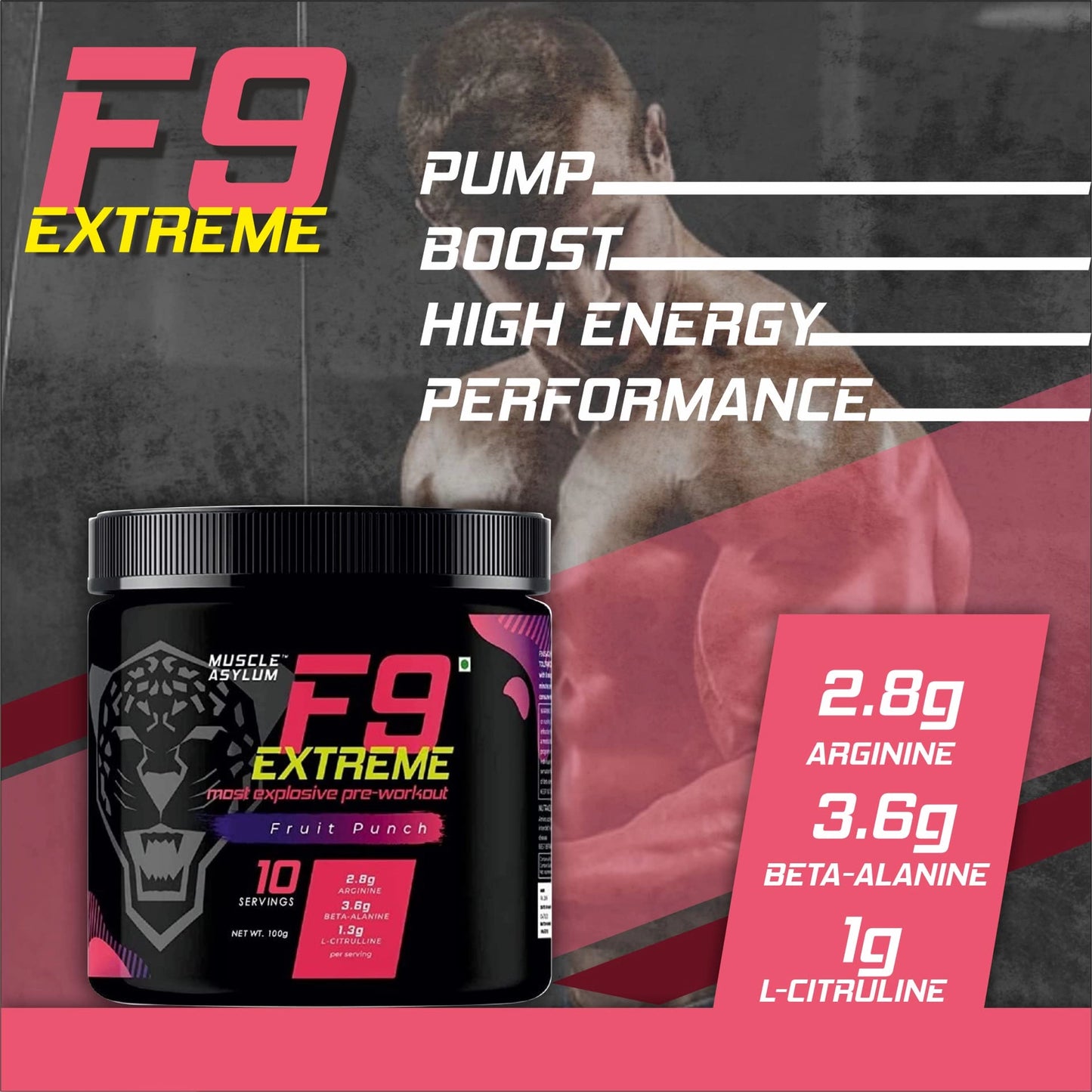 Muscle Asylum F9 Extreme Pre-Workout Energy Supplement Powder | High Caffeine + Beta Alanine - Fruit Punch