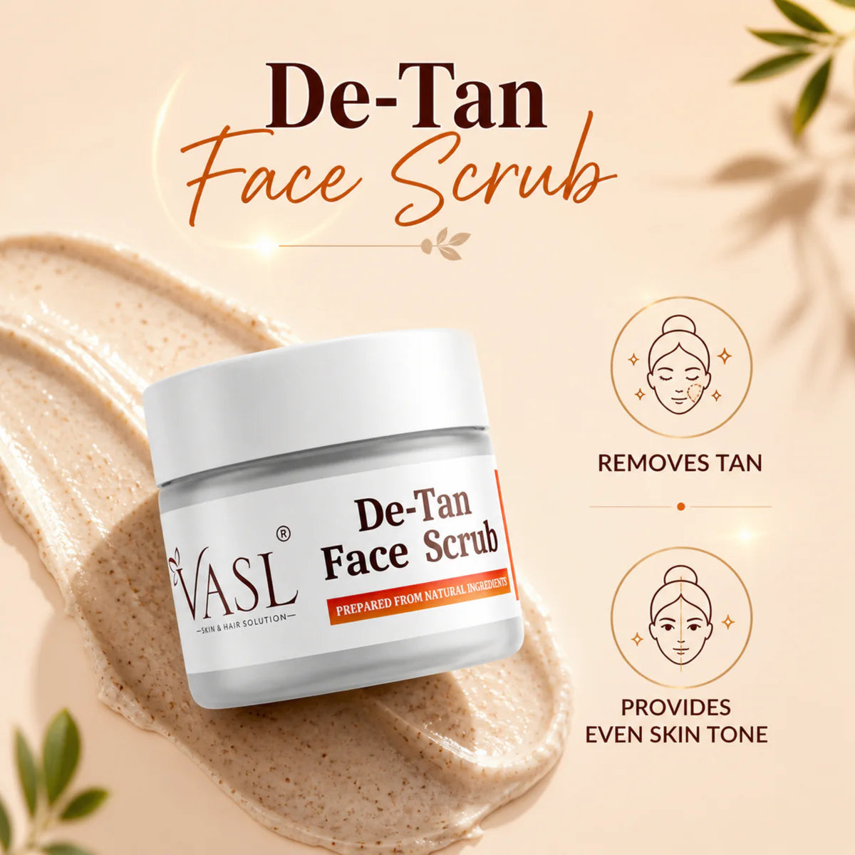VASL De-Tan Face Scrub - Brightening Tan Removal Exfoliator for Glowing Skin, 200ml