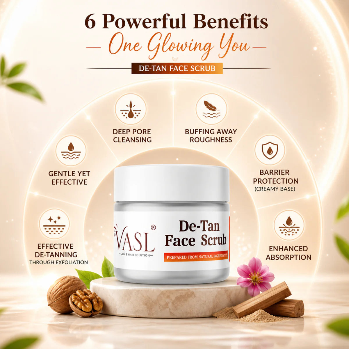 VASL De-Tan Face Scrub - Brightening Tan Removal Exfoliator for Glowing Skin, 200ml