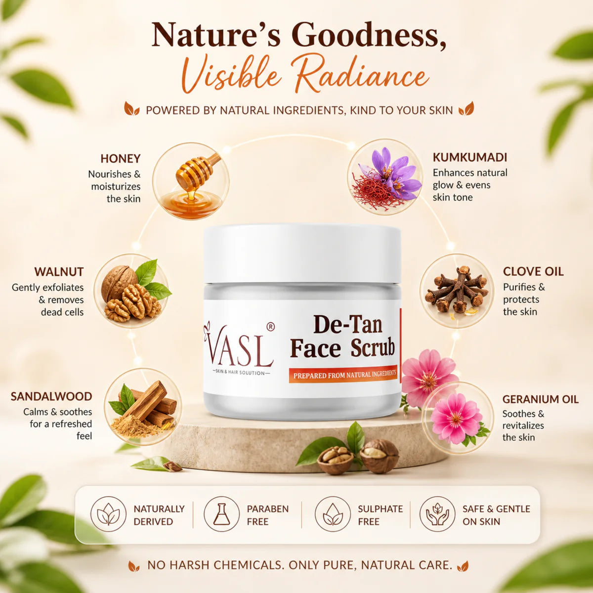 VASL De-Tan Face Scrub - Brightening Tan Removal Exfoliator for Glowing Skin, 200ml