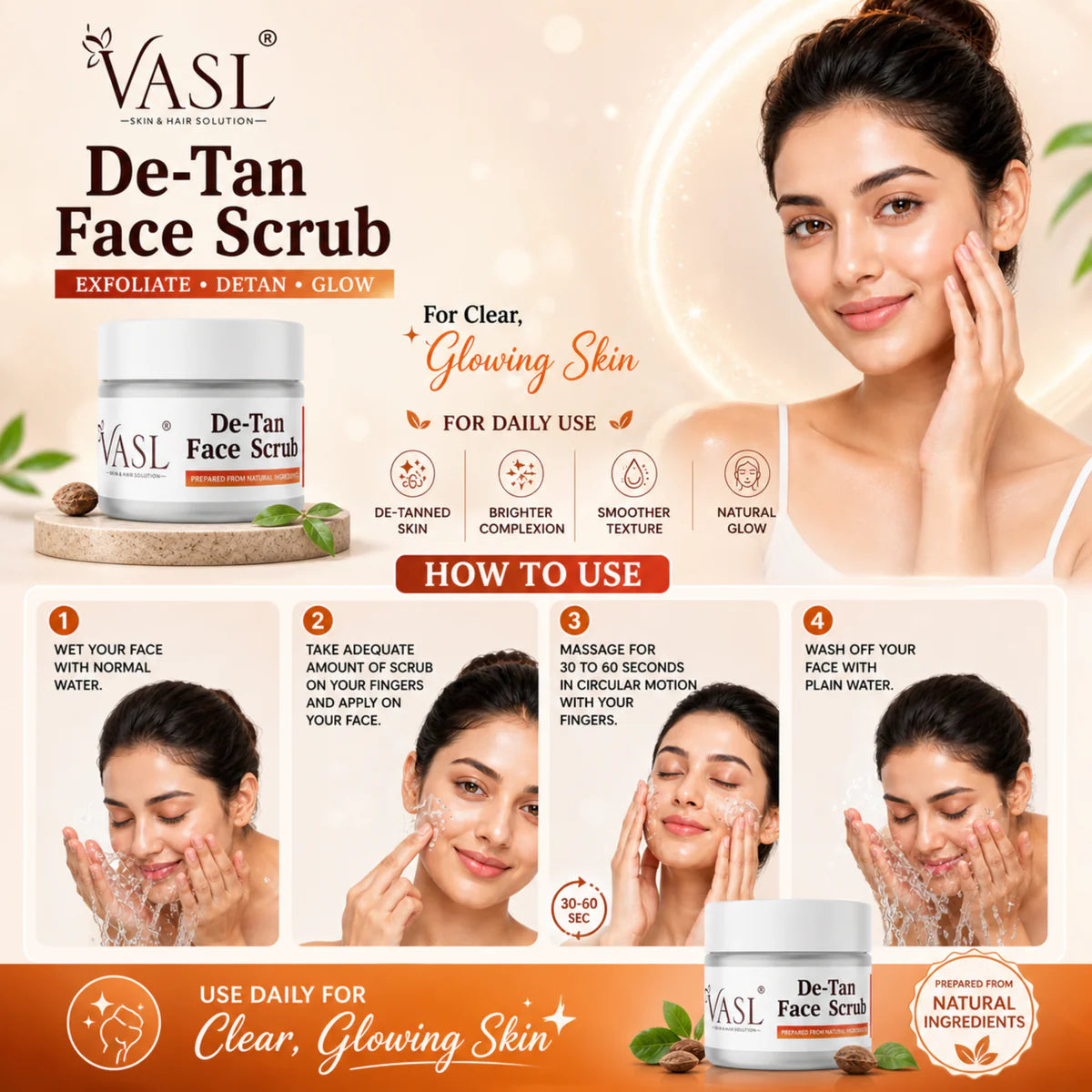 VASL De-Tan Face Scrub - Brightening Tan Removal Exfoliator for Glowing Skin, 200ml