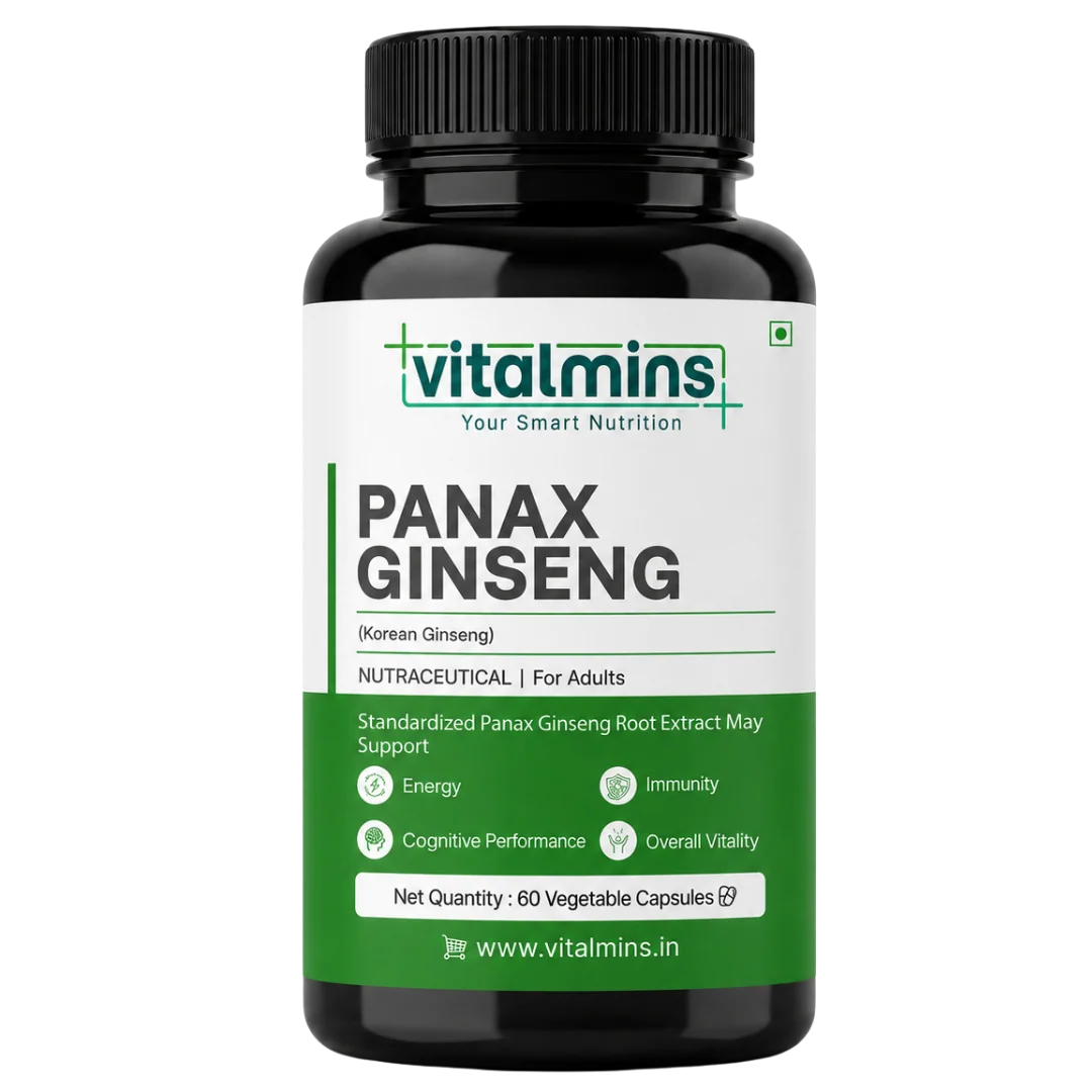 Vitalmins Panax Ginseng Capsules | Premium Korean Red Ginseng Extract for Physical Stamina, Mental Focus & Immunity – 60 Veg Capsules