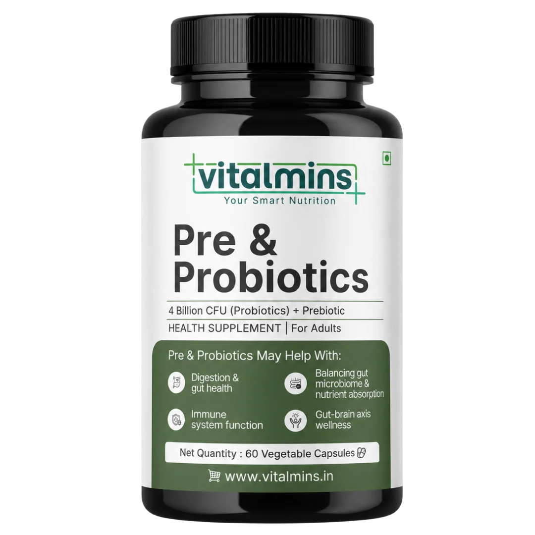 Vitalmins Probiotics Capsules | Multi-Strain Formula with Prebiotics for Superior Gut Health, Bloating Relief & Immune Support – 60 Veg Capsules