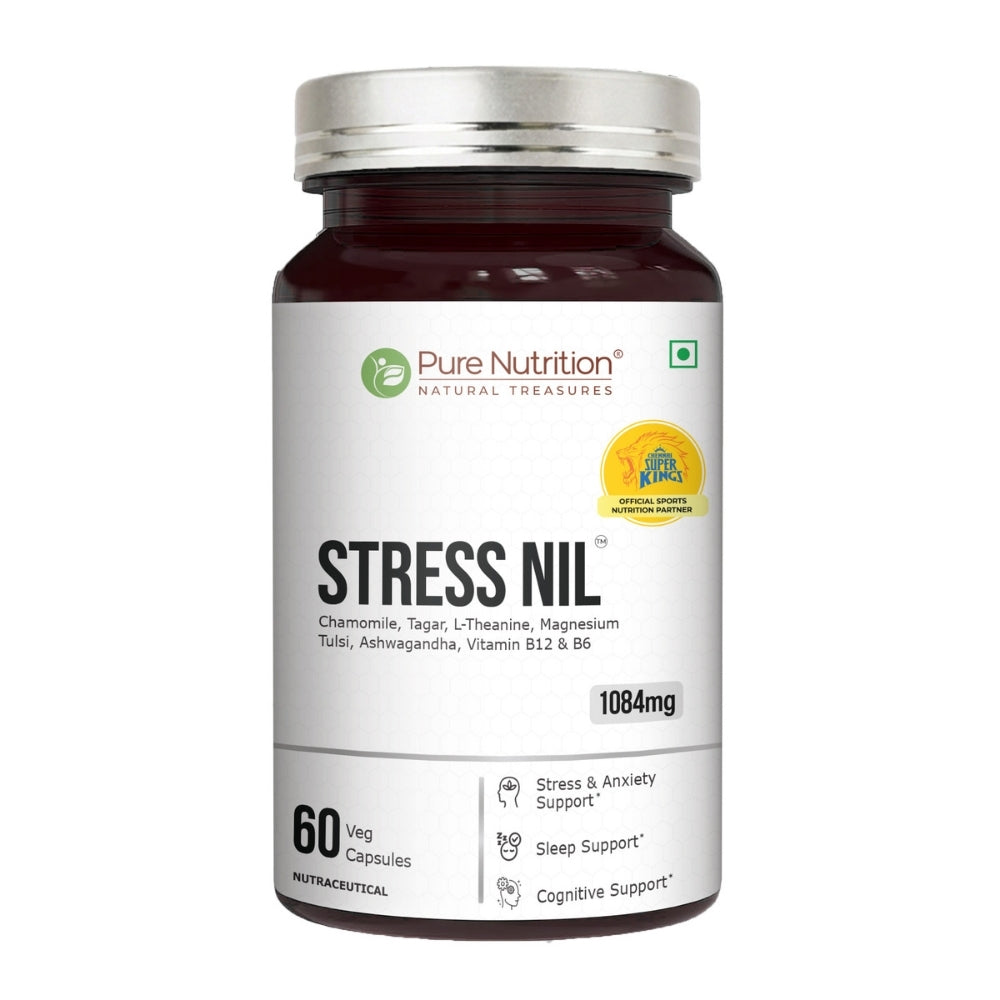CSK Limited Edition Pure Nutrition Stress Nil Herbal Relaxation & Sleep Support Supplement with Ashwagandha, L-Theanine, Chamomile & Magnesium | 60 Veg Capsules